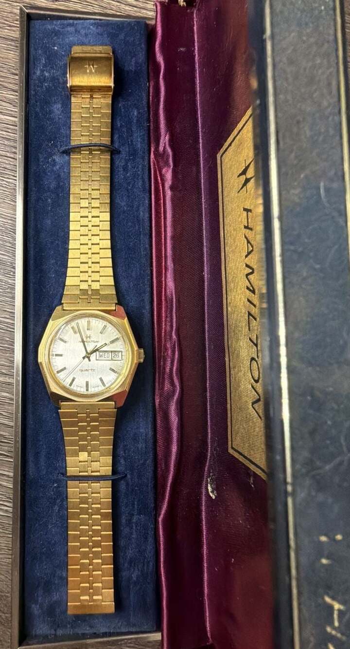 Vintage Hamilton Quartz Day Date Watch 14K Gold Plated Bezel Box Papers Working